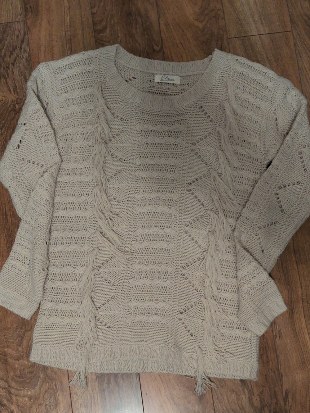 Elan Cream Crochet Fringe Crew Sweater
